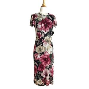 KATE and LILY Floral Mesh Column MIDI Dress Flutter Sleeves Sheer Romantic 6